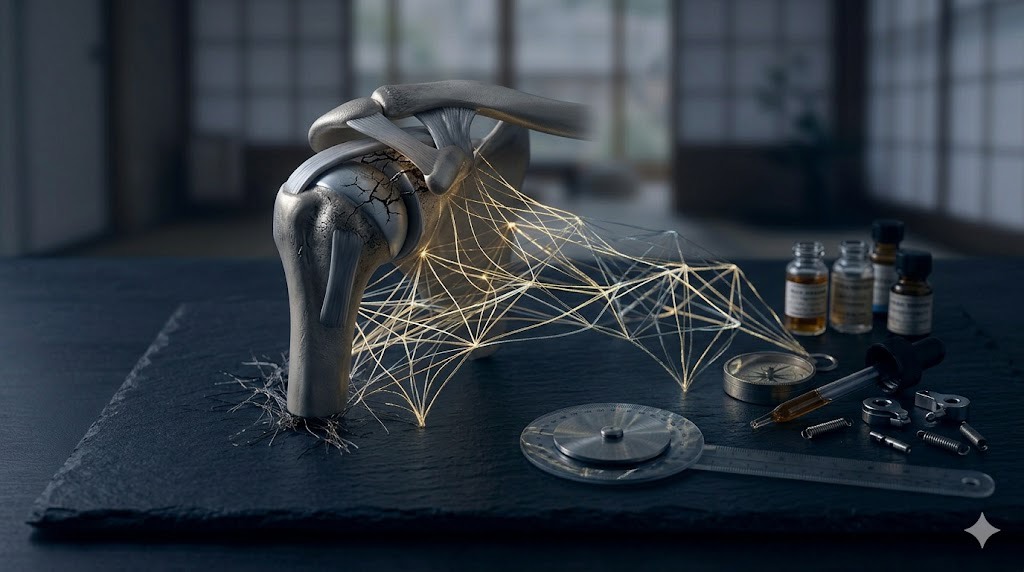 福岡市西区今宿の鍼灸院おるきで肩の痛みの原因である運動連鎖を観察するイメージ