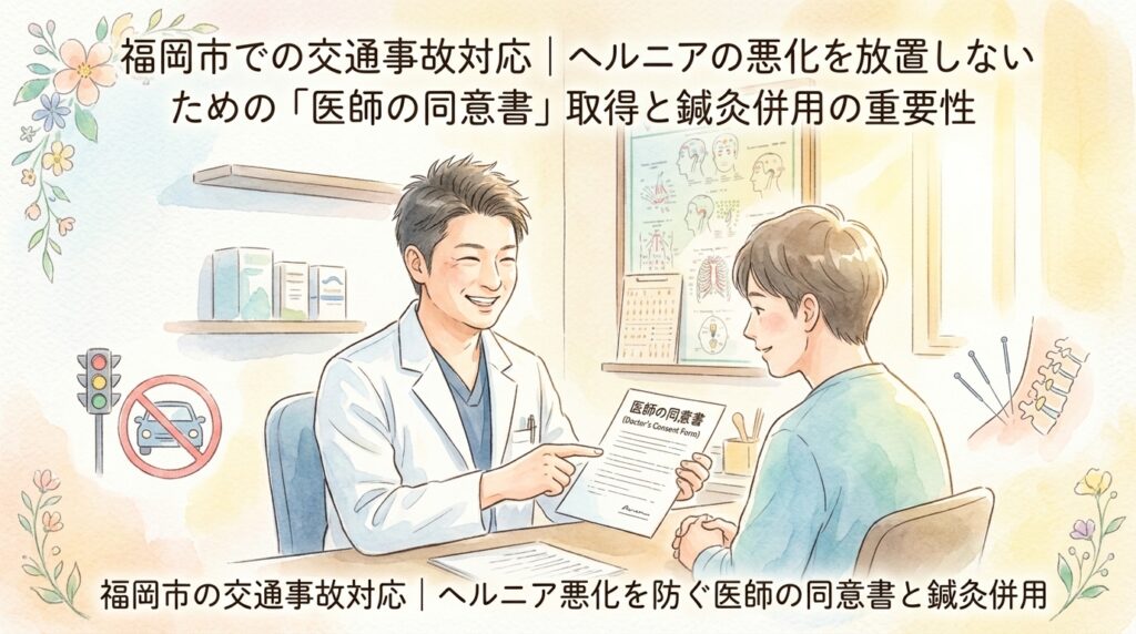 福岡市での交通事故対応｜ヘルニアの悪化を放置しないための「医師の同意書」取得と鍼灸併用の重要性 鍼灸院おるき